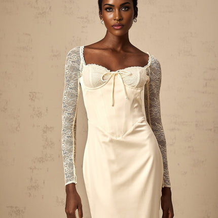 Aubrey White Satin and Lace Midi Dress with Long Sleeves and Sweetheart Neck