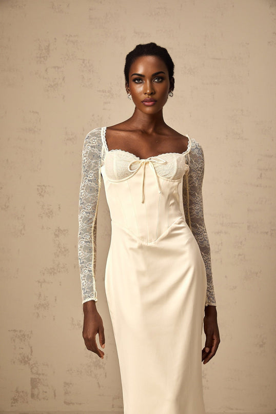 Aubrey White Satin and Lace Midi Dress with Long Sleeves and Sweetheart Neck