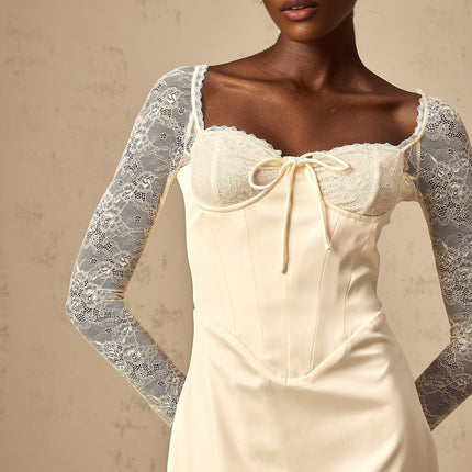 Aubrey White Satin Lace Midi Dress Long Sleeve Sweetheart Bustier Rear Slit Front Tie Zip Fastening Ankle Length Polyester Spandex