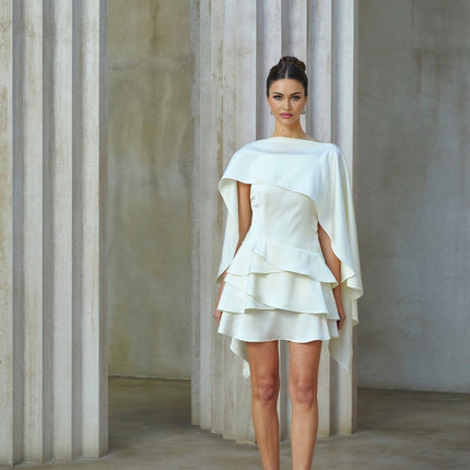 Aubrey White Satin Mini Dress with Ruffled Shawl Panel and Open Back