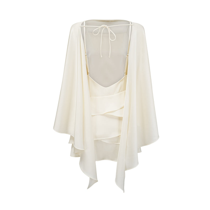 Aubrey White Satin Mini Dress with Ruffled Shawl Panel and Open Back