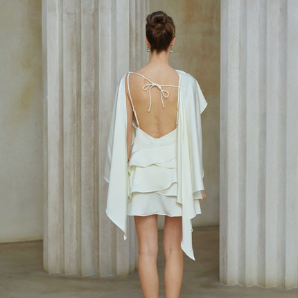 Aubrey White Satin Mini Dress with Ruffled Shawl Panel and Open Back