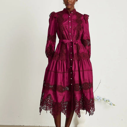 Aubrey Wine Red Guipure Lace Midi Dress with Long Sleeves and Mock Neck