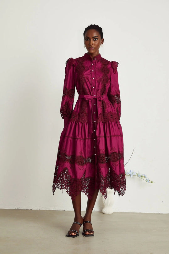 Aubrey Wine Red Guipure Lace Midi Dress with Long Sleeves and Mock Neck