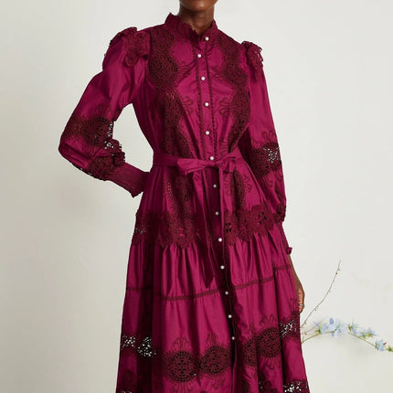 Aubrey Wine Red Guipure Lace Midi Dress with Long Sleeves and Mock Neck