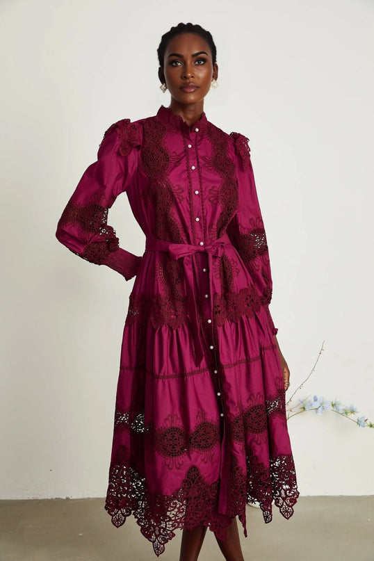 Aubrey Wine Red Guipure Lace Midi Dress with Long Sleeves and Mock Neck