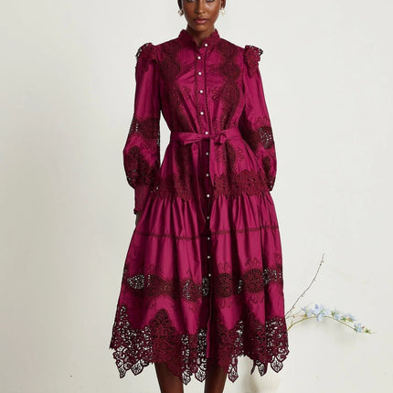 Aubrey Wine Red Guipure Lace Midi Dress with Long Sleeves and Mock Neck