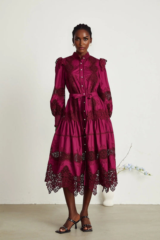 Aubrey Wine Red Guipure Lace Midi Dress with Long Sleeves and Mock Neck