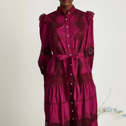 Aubrey Wine Red Guipure Lace Midi Dress with Elasticated Cuffs and Mock Neck