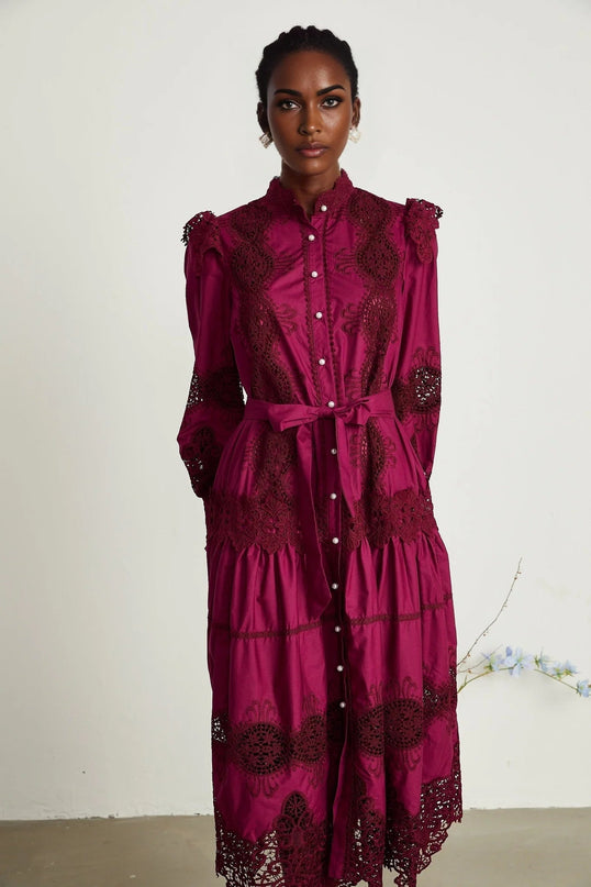 Aubrey Wine Red Guipure Lace Midi Dress with Elasticated Cuffs and Mock Neck