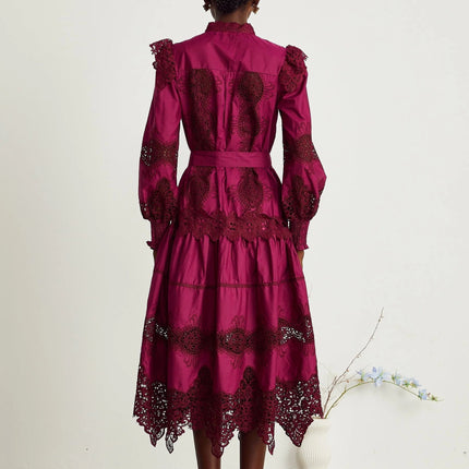 Aubrey Wine Red Guipure Lace Midi Dress with Long Sleeves and Mock Neck