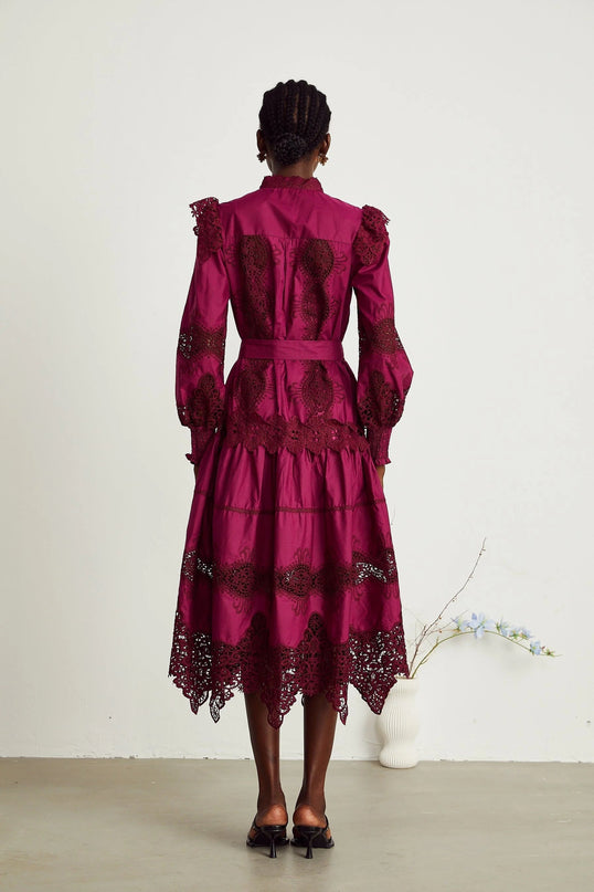 Aubrey Wine Red Guipure Lace Midi Dress with Long Sleeves and Mock Neck