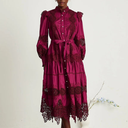 Aubrey Wine Red Guipure Lace Midi Dress