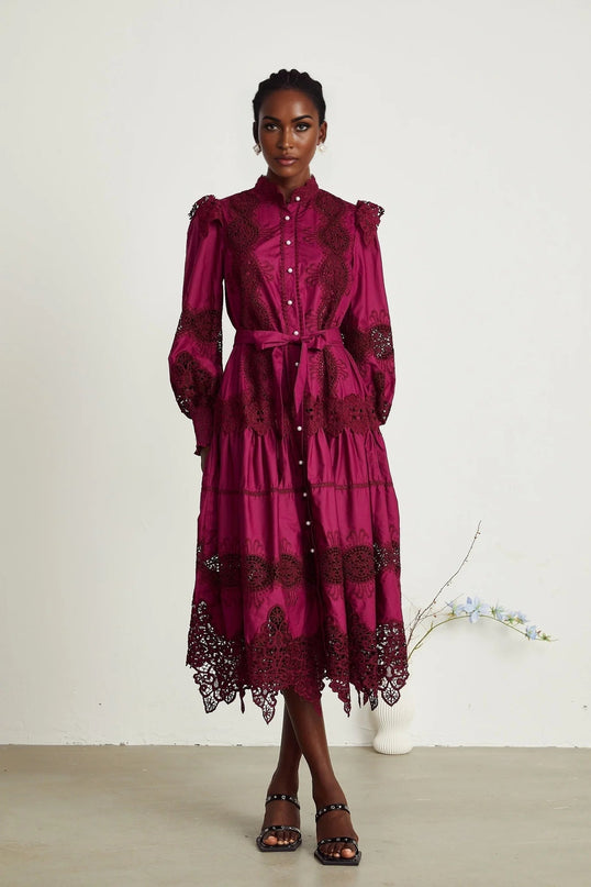 Aubrey Wine Red Guipure Lace Midi Dress