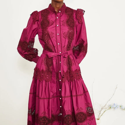 Aubrey Wine Red Guipure Lace Midi Dress with Long Sleeves and Mock Neck