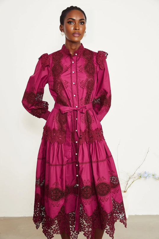 Aubrey Wine Red Guipure Lace Midi Dress with Long Sleeves and Mock Neck