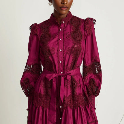 Aubrey Wine Red Guipure Lace Midi Dress with Long Sleeves