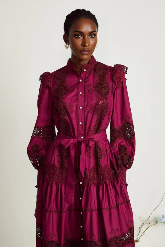 Aubrey Wine Red Guipure Lace Midi Dress with Long Sleeves