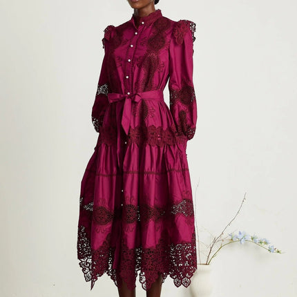 Aubrey Wine Red Guipure Lace Midi Dress