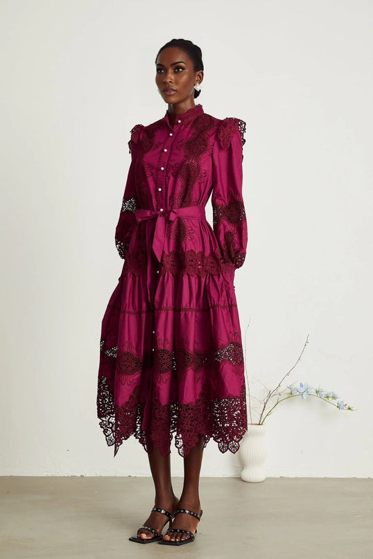 Aubrey Wine Red Guipure Lace Midi Dress
