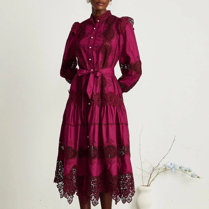 Aubrey Wine Red Guipure Lace Midi Dress with Elasticated Cuffs and Mock Neck