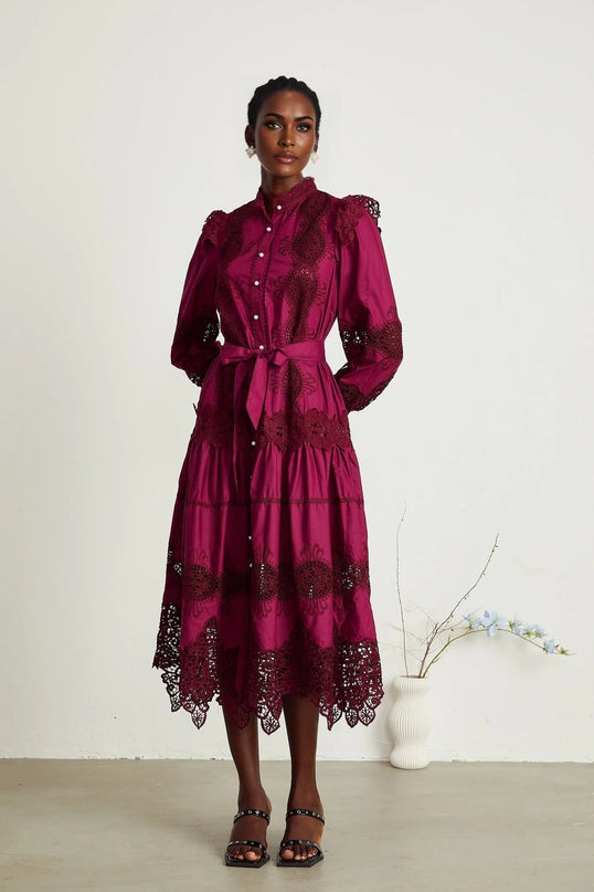 Aubrey Wine Red Guipure Lace Midi Dress with Elasticated Cuffs and Mock Neck