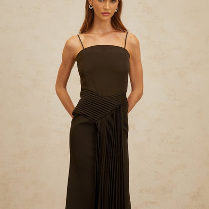 Audrey Brown Square Neck Sleeveless Midi Dress with Ribbon Design