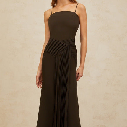 Audrey Brown Midi Dress Square Neck Sleeveless Spaghetti Straps Fitted Waistline Ribbon Design Pleated Detailing Flared Hem Rear Zip Fastening Luxury Blend Terylene Spandex