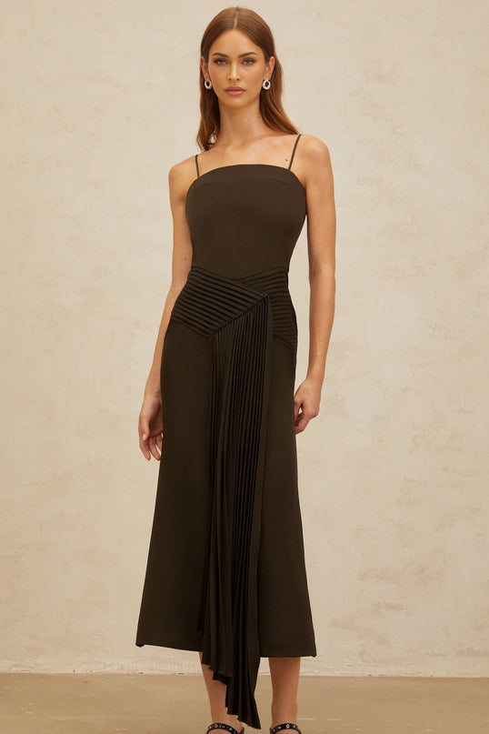 Audrey Brown Midi Dress Square Neck Sleeveless Spaghetti Straps Fitted Waistline Ribbon Design Pleated Detailing Flared Hem Rear Zip Fastening Luxury Blend Terylene Spandex