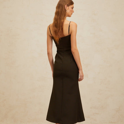 Audrey Brown Square Neck Sleeveless Midi Dress with Ribbon Design