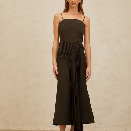 Audrey Brown Midi Dress Square Neck Sleeveless Spaghetti Straps Fitted Waistline Ribbon Design Pleated Flared Hem Rear Zip Fastening Luxury Blend Terylene Spandex