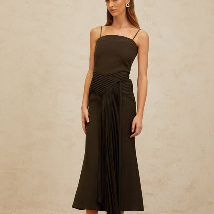 Audrey Brown Square Neck Sleeveless Midi Dress with Ribbon Design and Pleated Detailing
