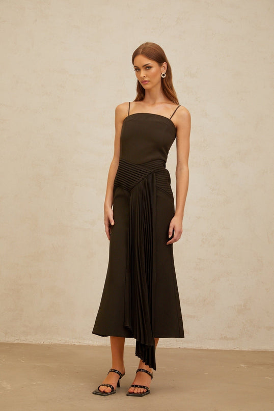 Audrey Brown Square Neck Sleeveless Midi Dress with Ribbon Design and Pleated Detailing