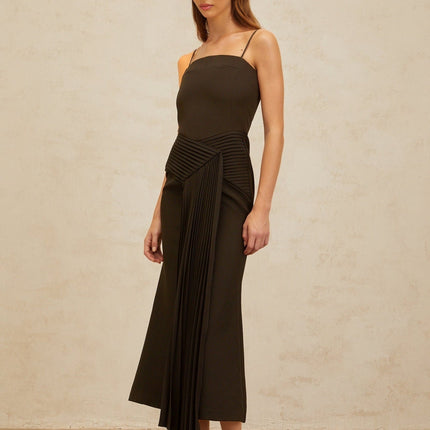 Audrey Brown Midi Dress with Square Neck and Ribbon Design