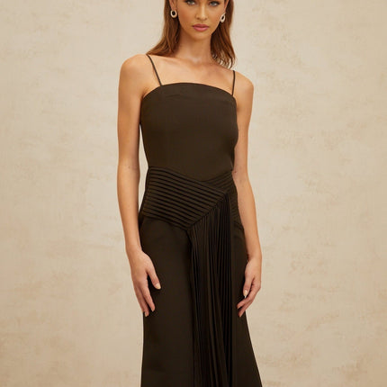 Audrey Brown Midi Dress Square Neck Spaghetti Straps Fitted Waist Pleated Flared Hem