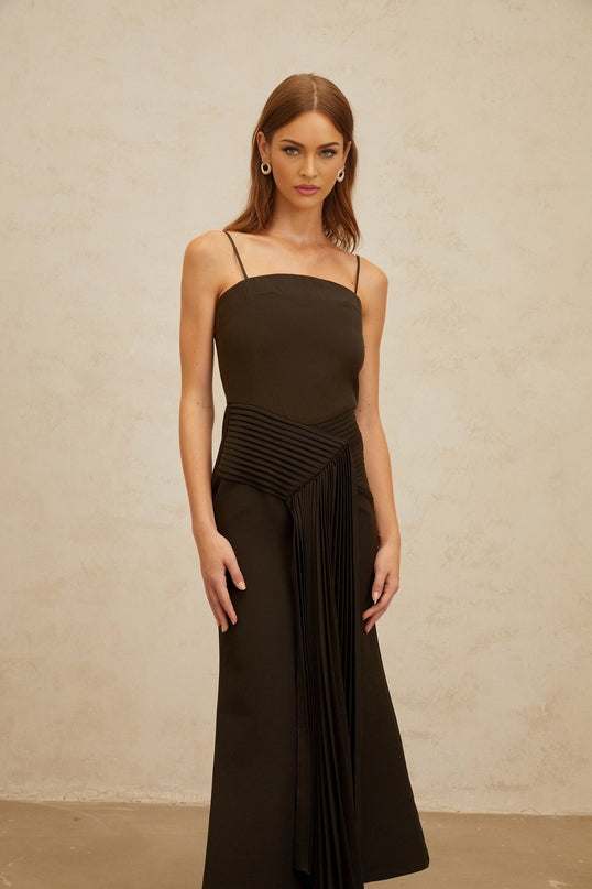 Audrey Brown Midi Dress Square Neck Spaghetti Straps Fitted Waist Pleated Flared Hem