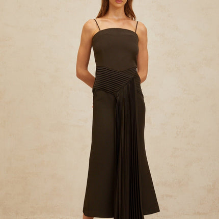 Audrey Brown Midi Dress Square Neck Sleeveless Spaghetti Straps Fitted Waistline Ribbon Design Pleated Flared Hem Rear Zip Fastening Luxury Blend Terylene Spandex