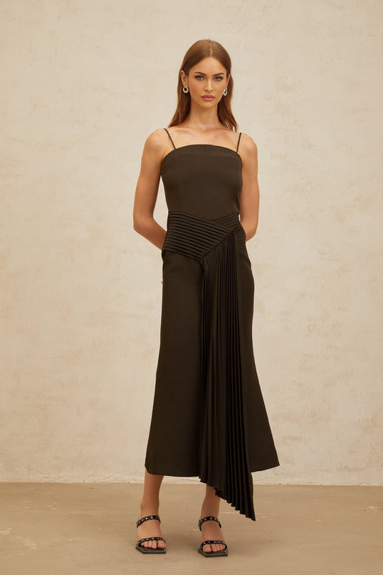 Audrey Brown Midi Dress Square Neck Sleeveless Spaghetti Straps Fitted Waistline Ribbon Design Pleated Flared Hem Rear Zip Fastening Luxury Blend Terylene Spandex
