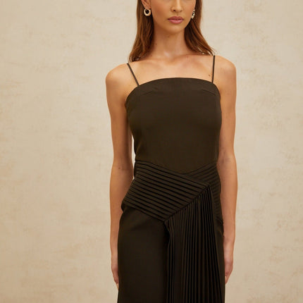 Audrey Brown Square Neck Sleeveless Midi Dress with Ribbon Design and Pleated Hem
