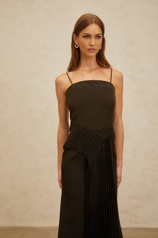 Audrey Brown Square Neck Sleeveless Midi Dress with Ribbon Design and Pleated Hem