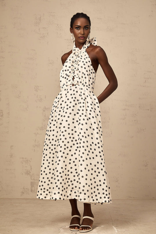 Audrey white bowknot polkadot midi dress
