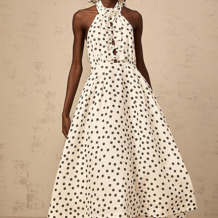 Audrey white bowknot polkadot midi dress