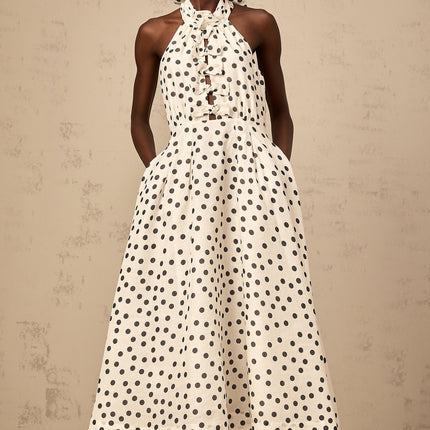 Audrey white bowknot polkadot midi dress