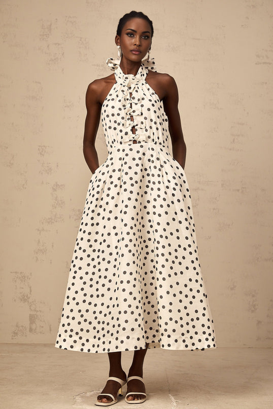 Audrey white bowknot polkadot midi dress