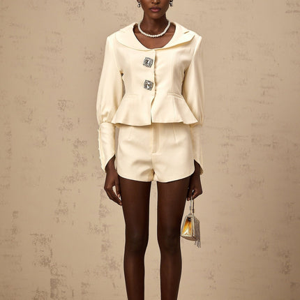 Audrey White Jacket and Shorts Matching Set in Terylene Fabric