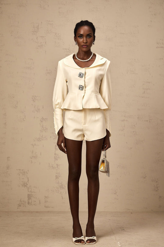 Audrey White Jacket and Shorts Matching Set in Terylene Fabric