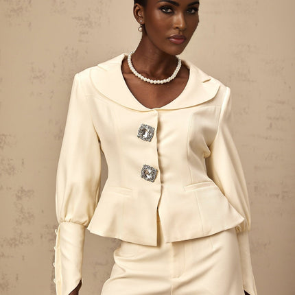 Audrey White Jacket and Shorts Matching Set with Crystal Embellished Buttons and Flared Hem