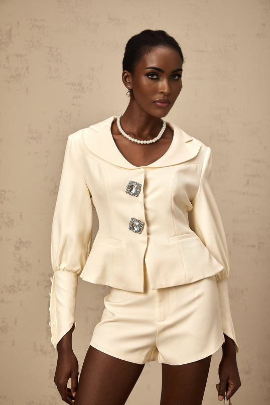 Audrey White Jacket and Shorts Matching Set with Crystal Embellished Buttons and Flared Hem