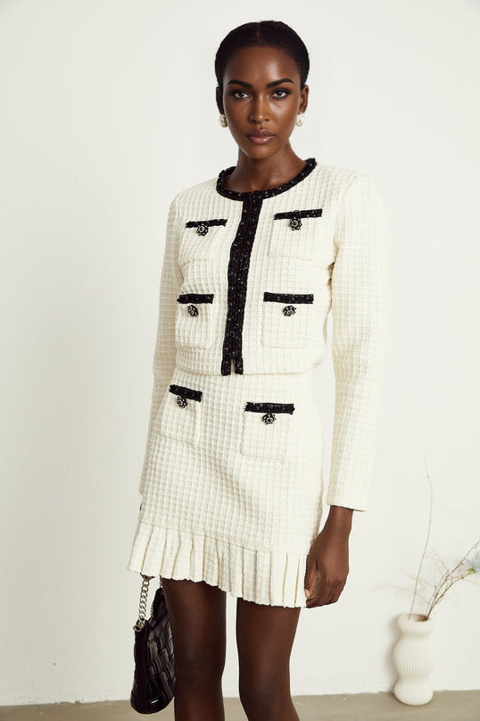 Audrey white waffleknit jacket  skirt matching set