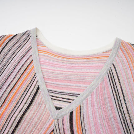 Augusta Pink Metallic Pleated Stripe V-neck Midi Dress